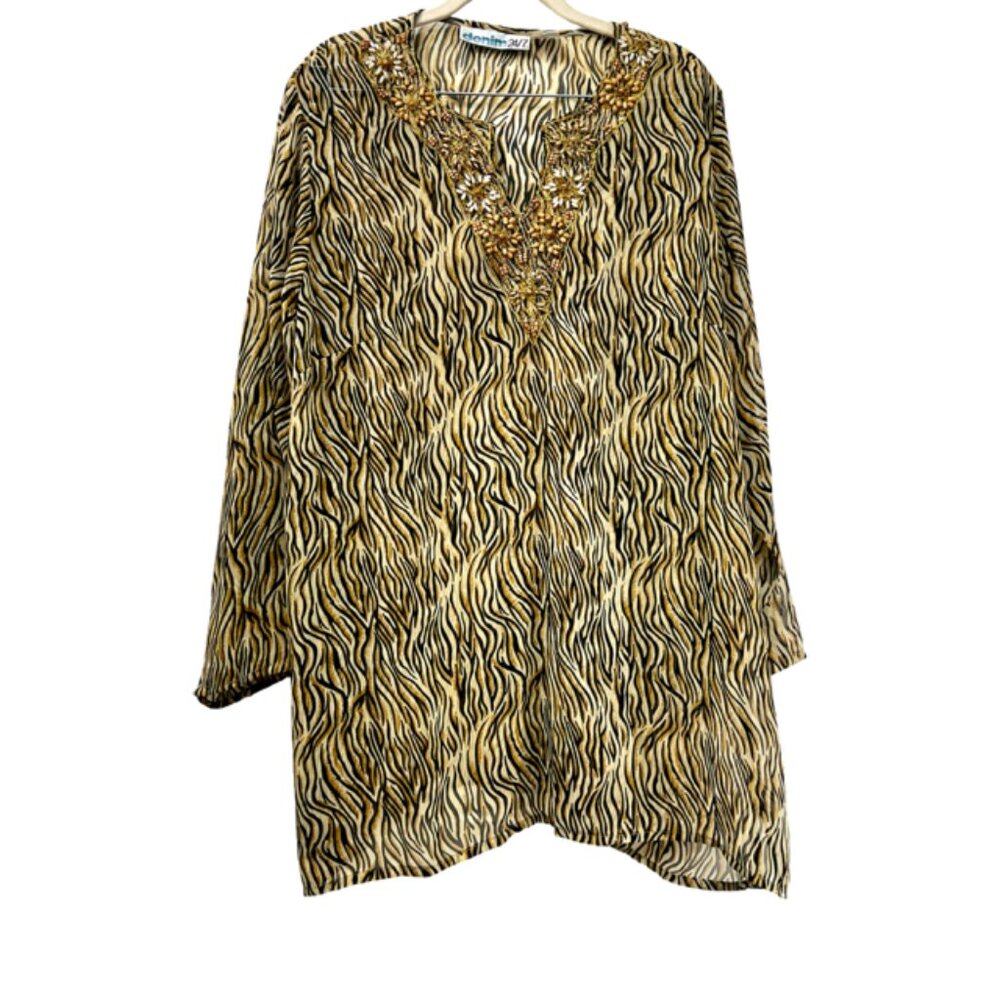 Denim 24/7 Leapard sheer polyester  Blouse Embroidered Beads 28W 3/4 Sleeve (51) - Picture 2 of 6